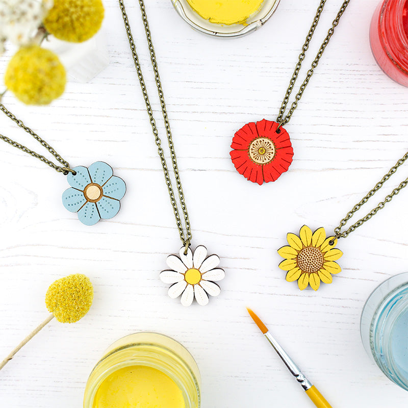 Mini Blue Flower Wooden Necklace