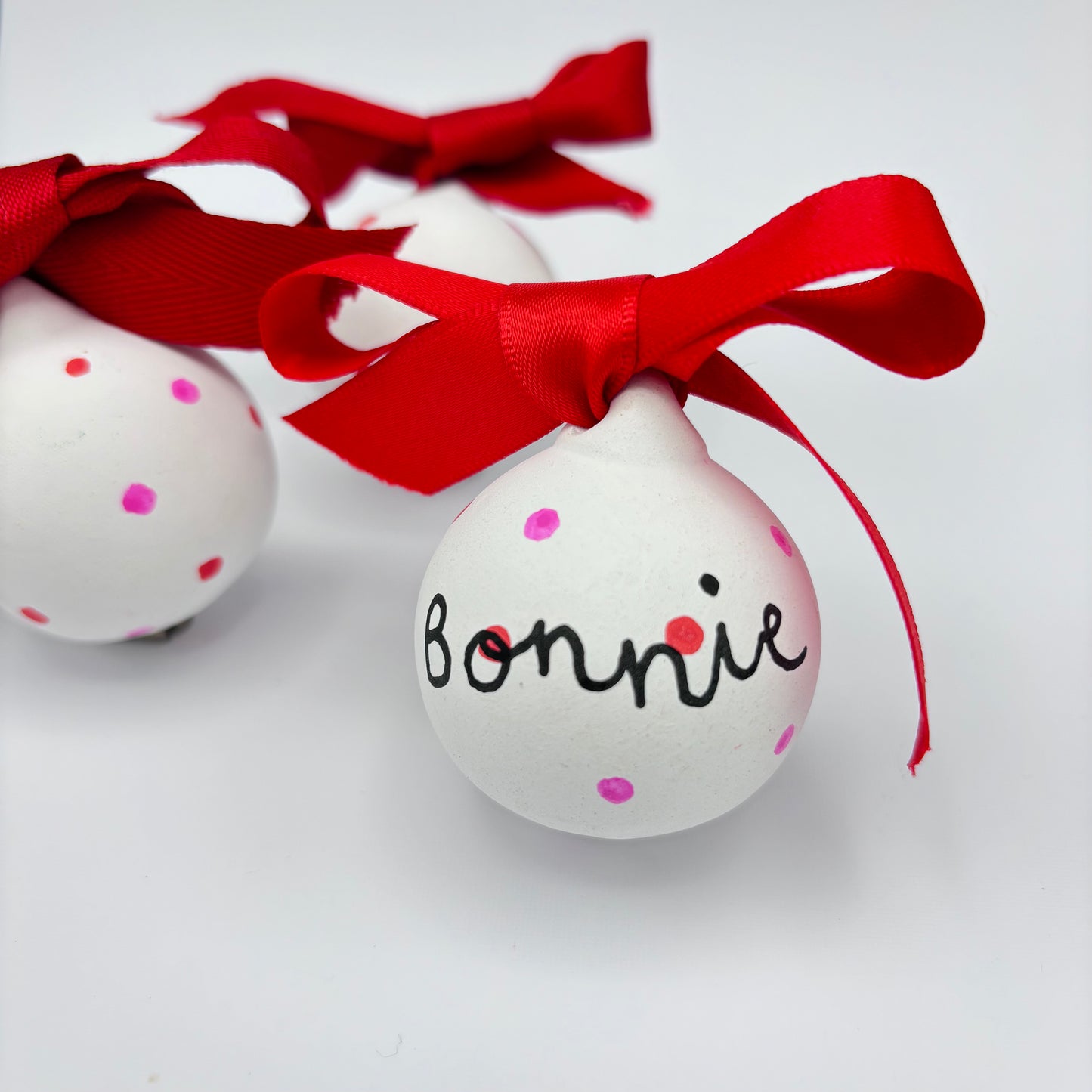 Pink/Red Dots Personalised Mini Ceramic Bauble