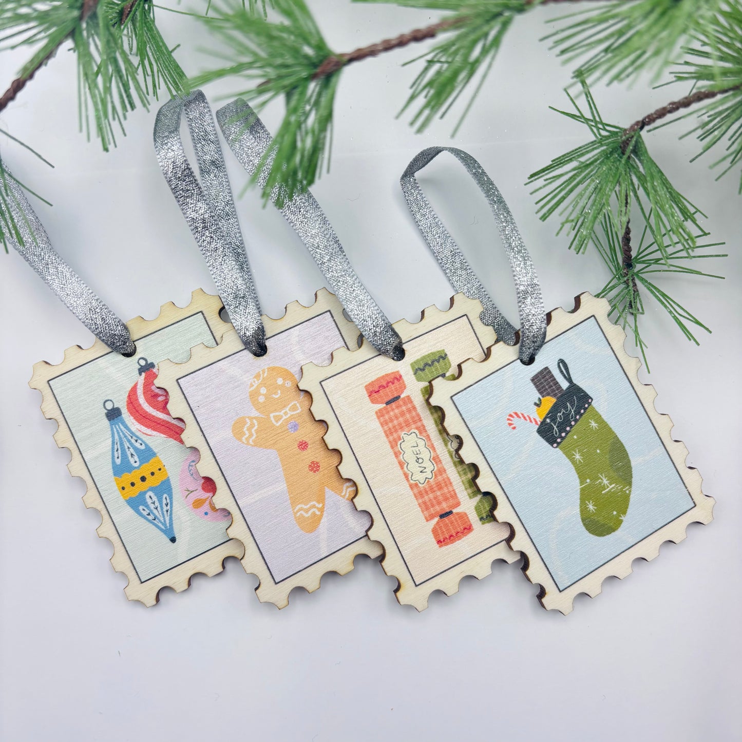 Set of 4 Illustrated Stamp Decorations