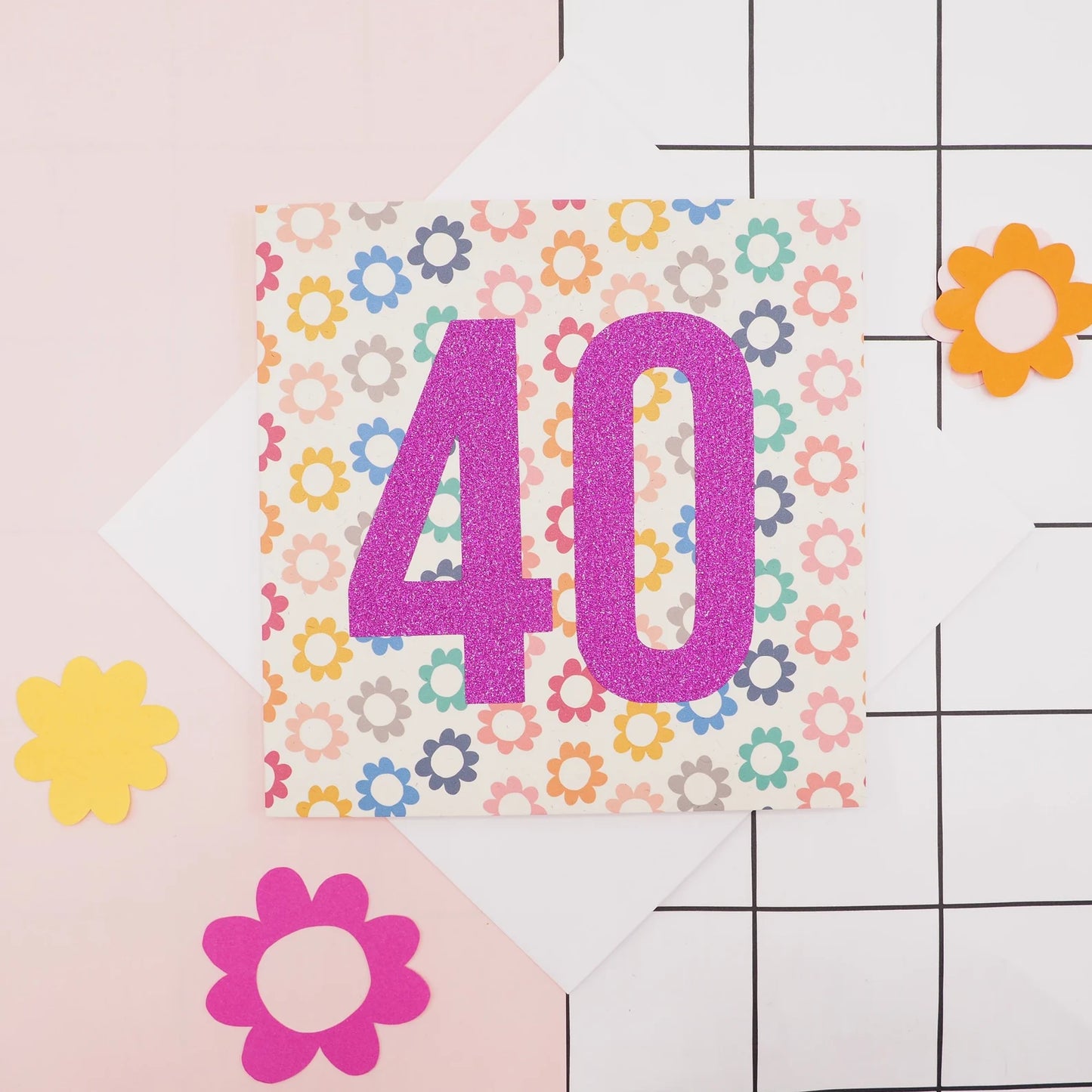 Retro Floral, Personalised Milestone Card with glitter